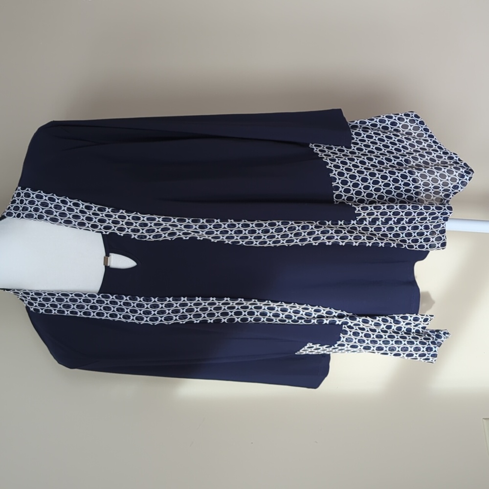 Liz McCoy Keyhole Layered Look Asymmetrical Longline Top LARGE Blue White
